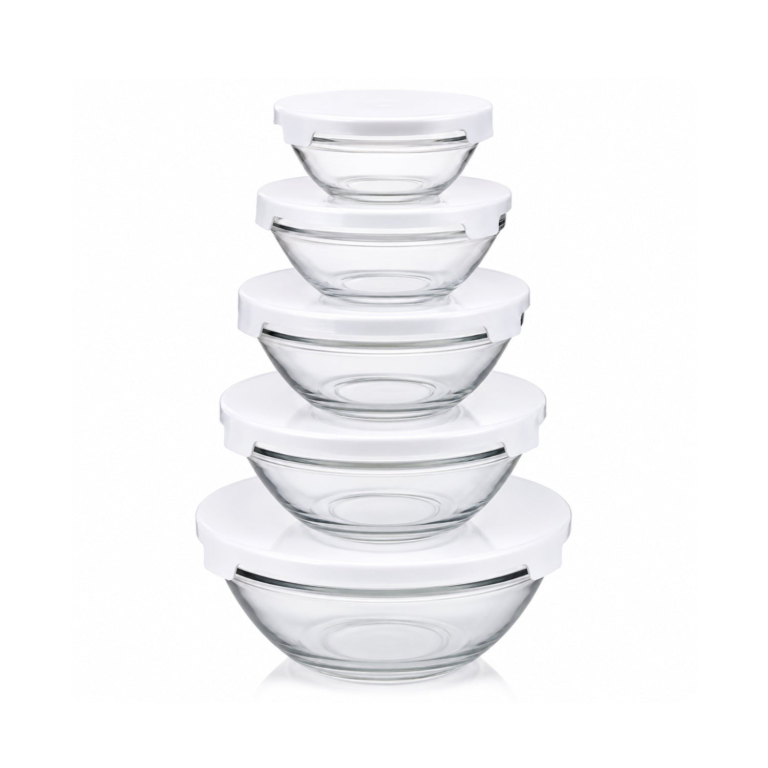 5-Piece White Lid Glass Bowl Container Set