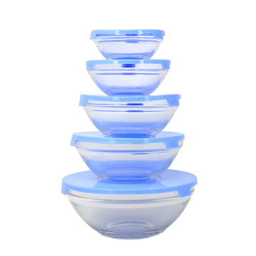 Glass Bowls Set 5-Piece with Blue Lids