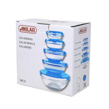 Glass Bowls Set 5-Piece with Blue Lids