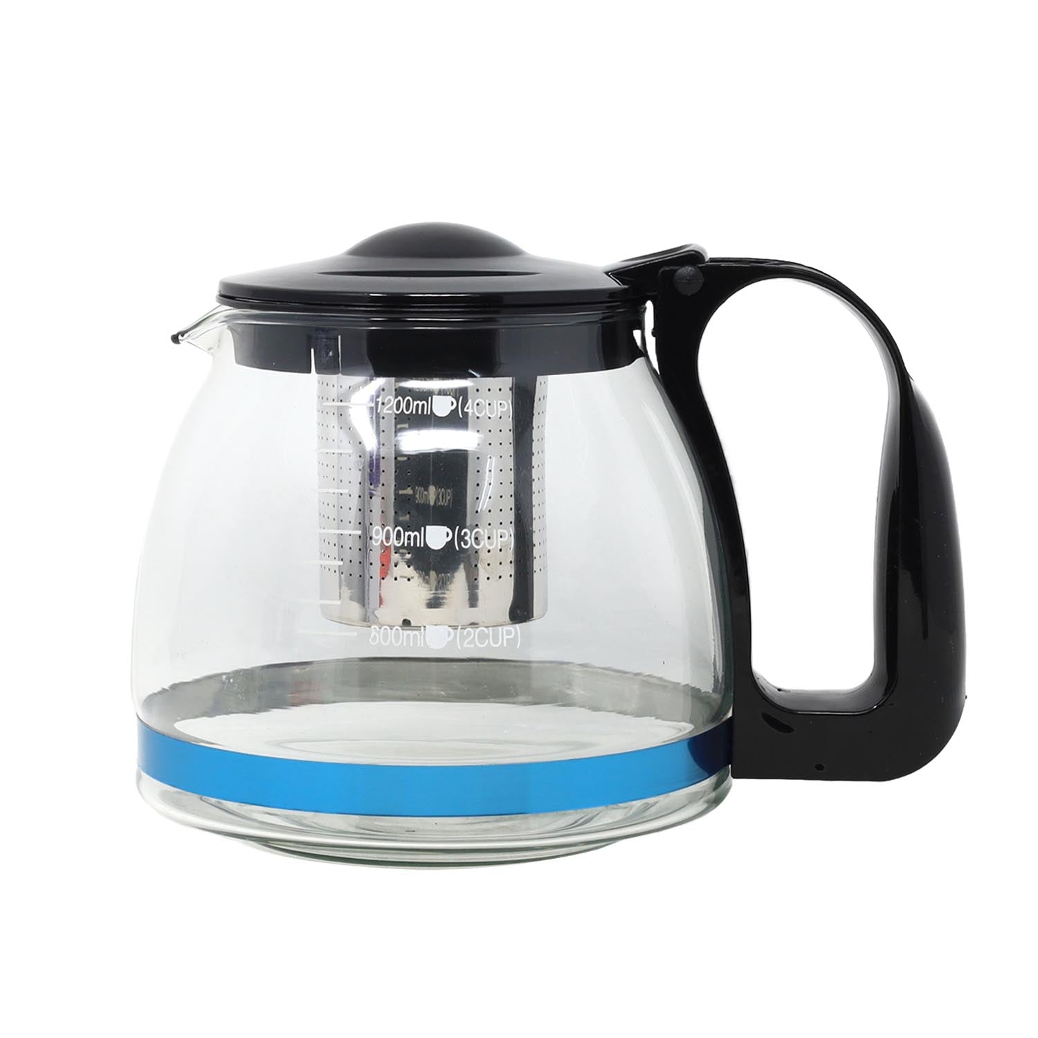 1250ml Glass Teapot with Stainless Steel Infuser & Lid Loose Leaf Black Modern
