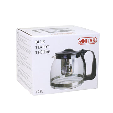 1250ml Glass Teapot with Stainless Steel Infuser & Lid Loose Leaf Black Modern
