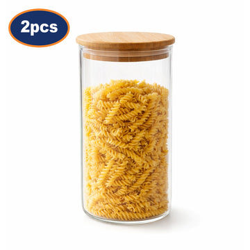 2Pcs 1.1L Wood Lid Airtight Glass Canister Jar