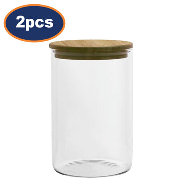 2Pcs 700ml Wood Lid Airtight Glass Storage Jar