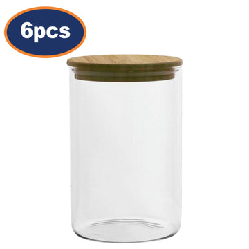 6Pcs 700ml Wood Lid Airtight Glass Storage Jar