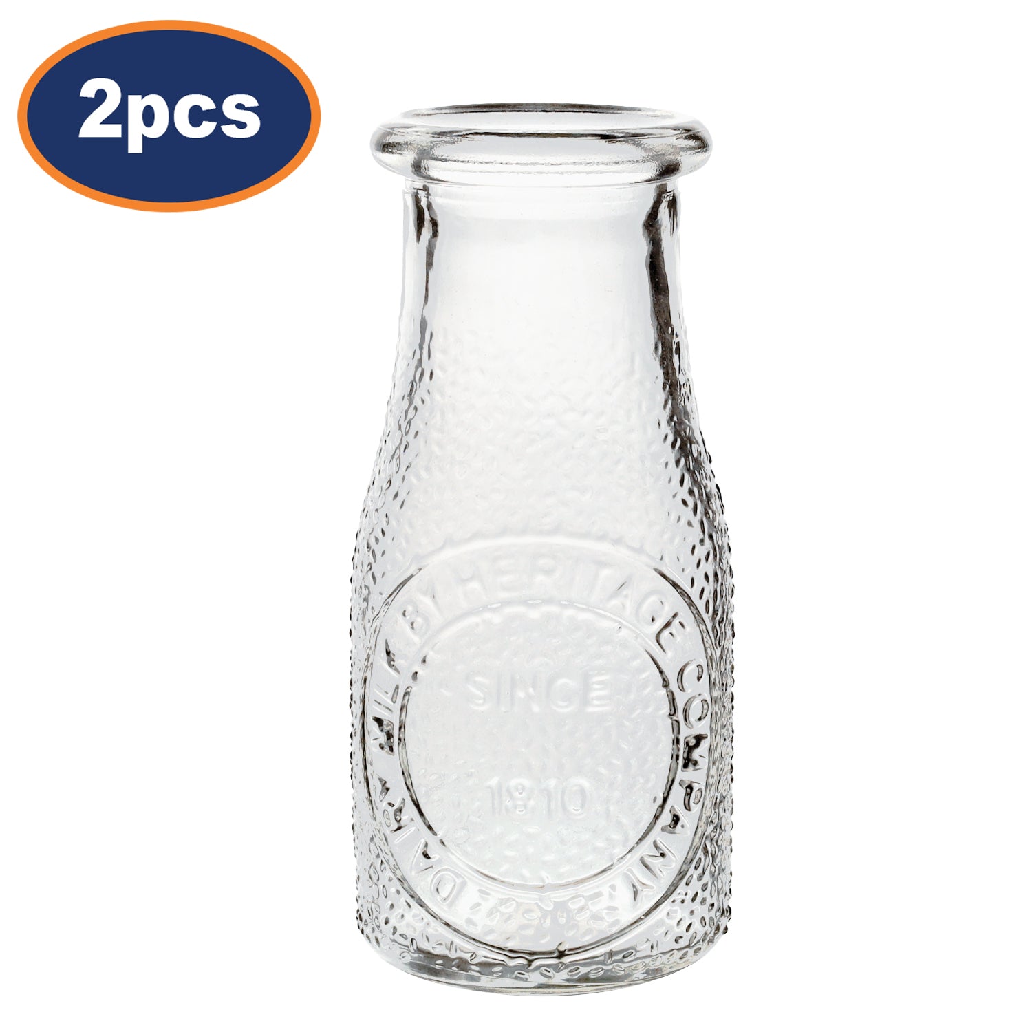 2Pcs 220ml Heritage Glass Juice Bottle Clear Embossed Milk Jug