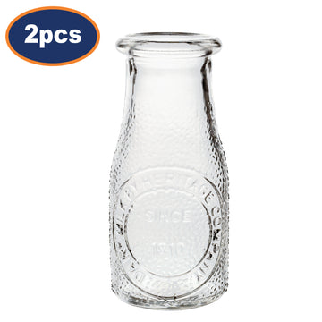 2Pcs 220ml Heritage Glass Juice Bottle Clear Embossed Milk Jug