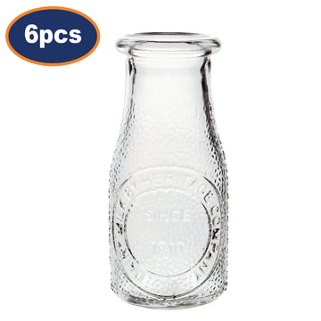 6Pcs 220ml Heritage Glass Juice Bottle Clear Embossed Milk Jug