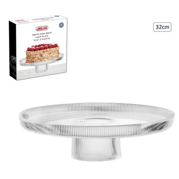 32cm Clear Ribbed Glass Cake Stand - Pedestal Dessert Display Plate