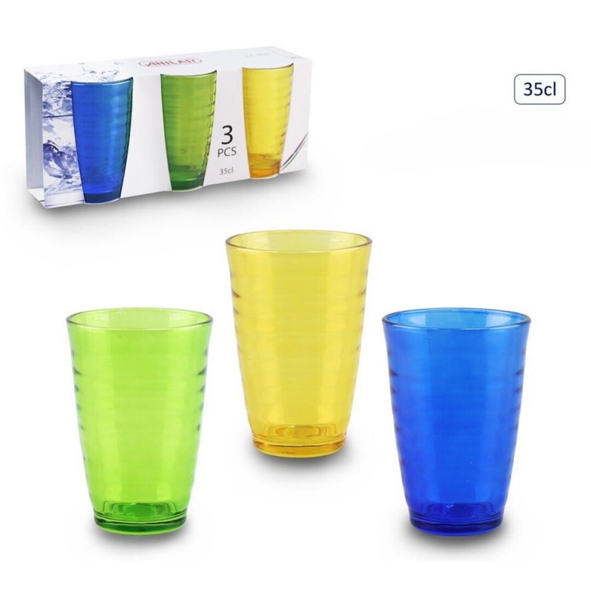 3Pcs Coloured 350ml Blue Green Yellow Glass Tumblers Set