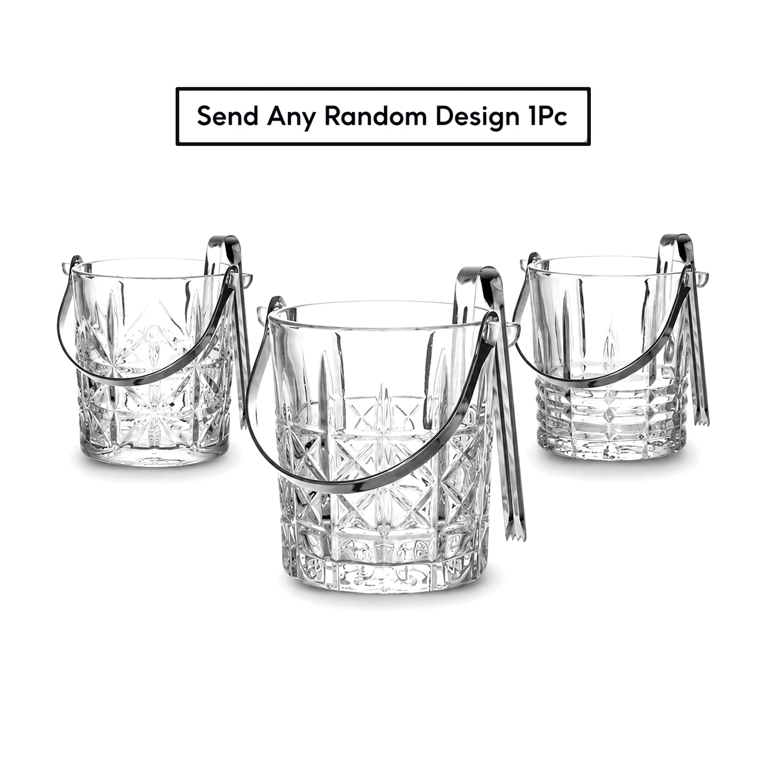 1L Clear Glass Ice Bucket with Tongs - Cut Glass Pattern & Metal Handle