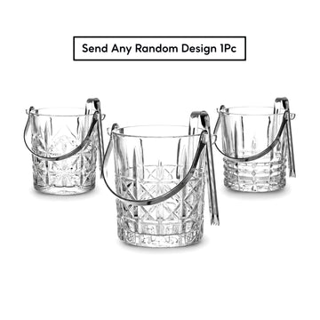 1L Clear Glass Ice Bucket with Tongs - Cut Glass Pattern & Metal Handle