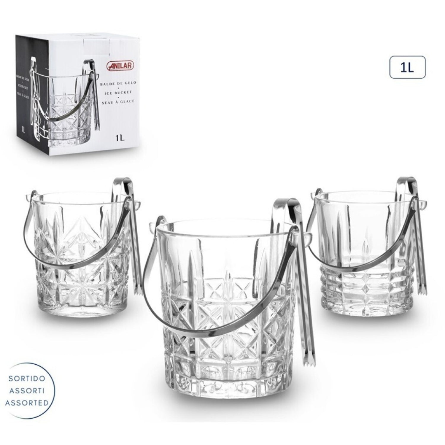 1L Clear Glass Ice Bucket with Tongs - Cut Glass Pattern & Metal Handle