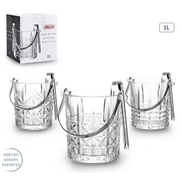 1L Clear Glass Ice Bucket with Tongs - Cut Glass Pattern & Metal Handle