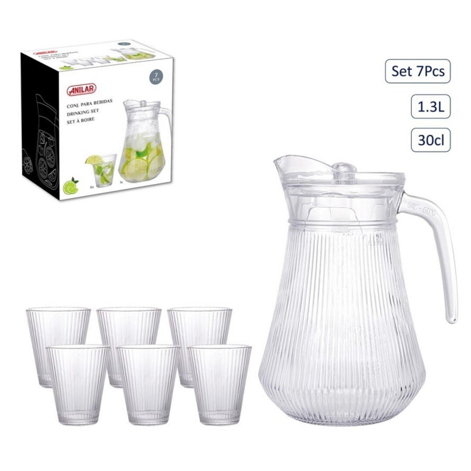 7Pcs  Glass Pitcher Jug 1.3L with Acrylic Lid 6 Tumblers Ribbed Drinkware Set
