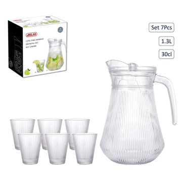 7Pcs  Glass Pitcher Jug 1.3L with Acrylic Lid 6 Tumblers Ribbed Drinkware Set