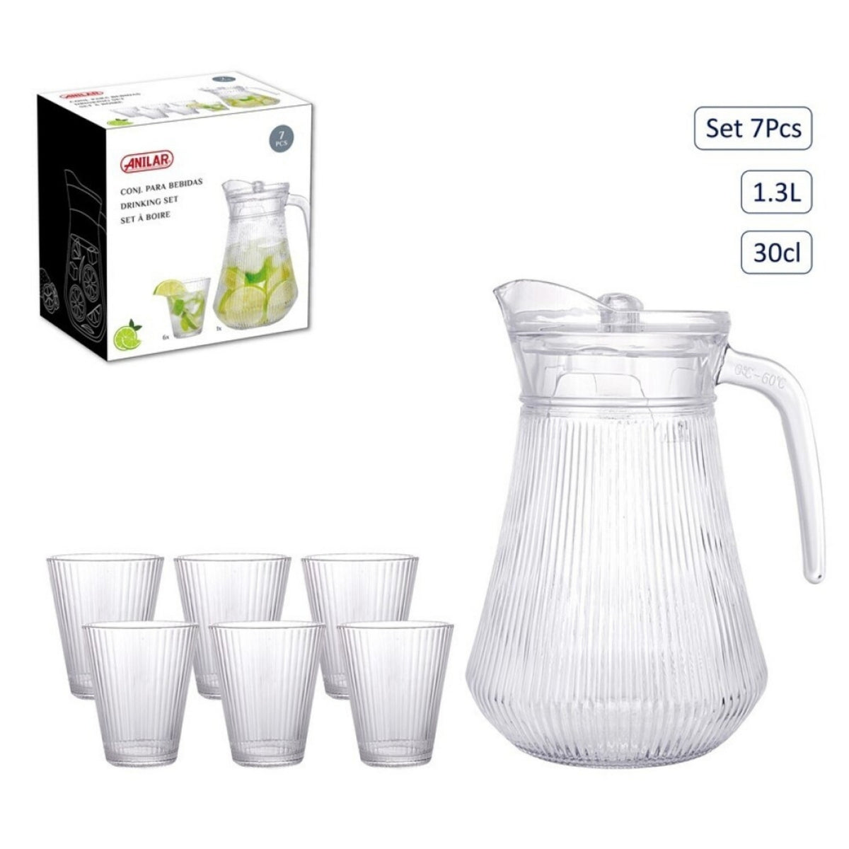 7Pcs  Glass Pitcher Jug 1.3L with Acrylic Lid 6 Tumblers Ribbed Drinkware Set