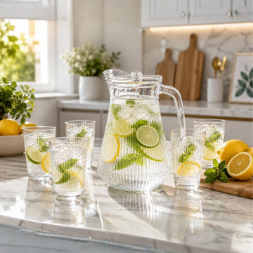 7Pcs  Glass Pitcher Jug 1.3L with Acrylic Lid 6 Tumblers Ribbed Drinkware Set