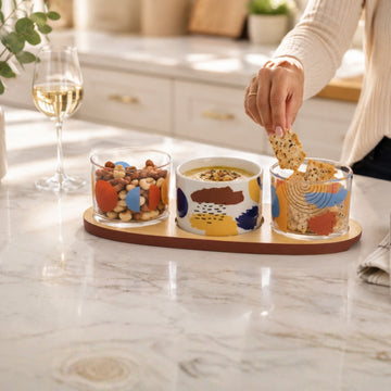 Condiment Dip Bowl Set with Wooden Tray