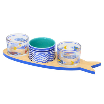 Fish Shape Wooden Tray Condiment Dish Serving Set