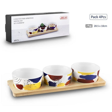 3Pcs Ceramic Serving Bowl Set with Wooden Tray