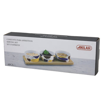 3Pcs Ceramic Serving Bowl Set with Wooden Tray