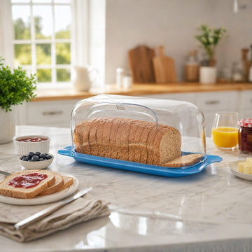 36cm Bread & Cake Storage Box with Clear Acrylic Lid - Blue Plastic Bread Bin