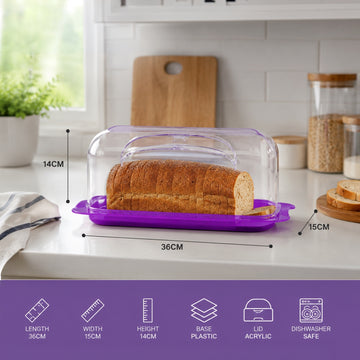 36cm Bread & Cake Storage Box with Clear Acrylic Lid - Purple Plastic Bread Bin