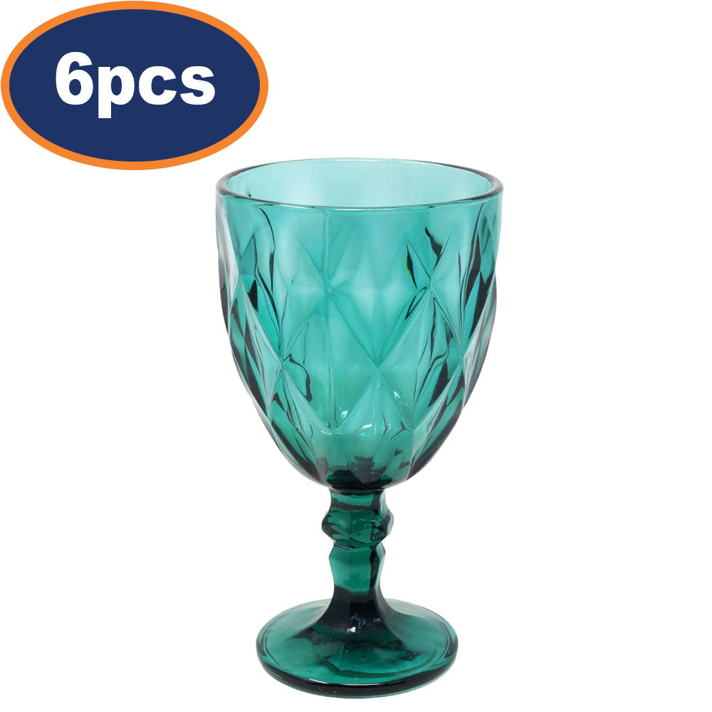 6Pcs 300ml Green Diamond-Cut Textured Goblet Glass