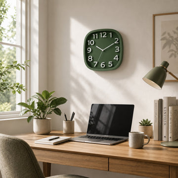 30cm Modern Square Wall Clock Green - Large Numbers Quartz Battery Operated Home Decor