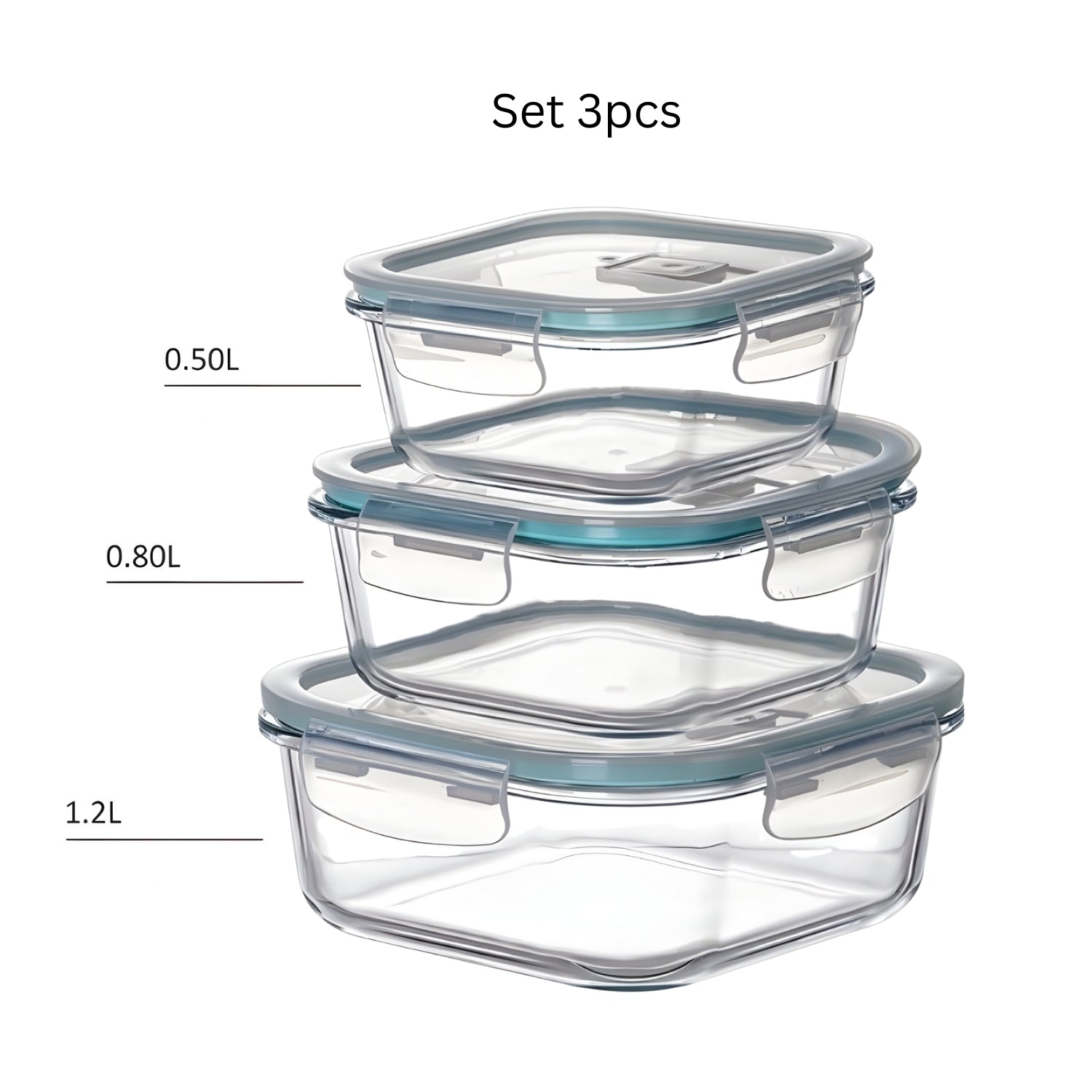 3Pcs  Airtight Snap Lid Glass Food Storage Container Set