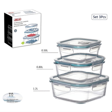 3Pcs  Airtight Snap Lid Glass Food Storage Container Set
