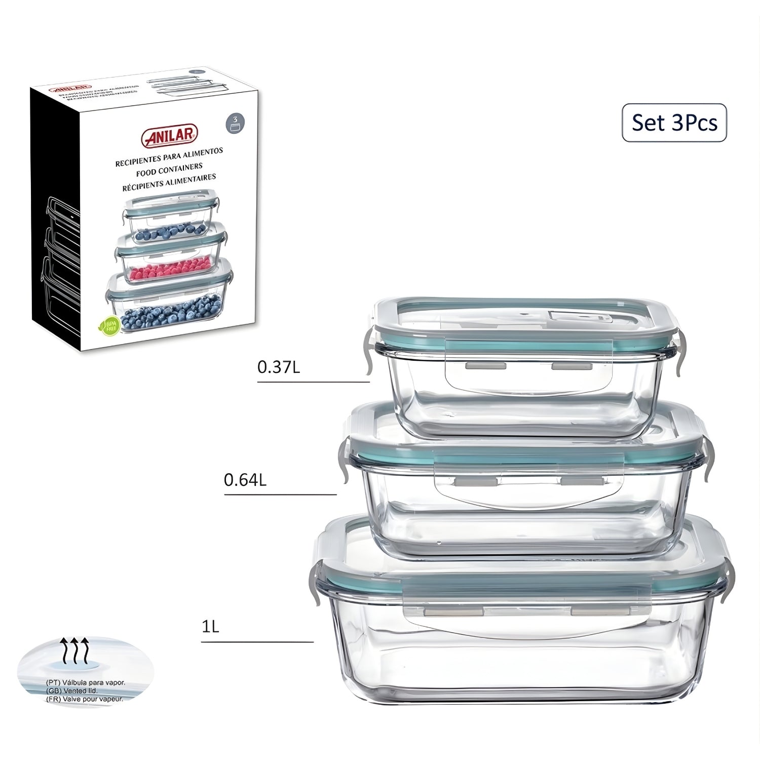 3Pcs Glass with Airtight Vented Lid Food Storage Container Set