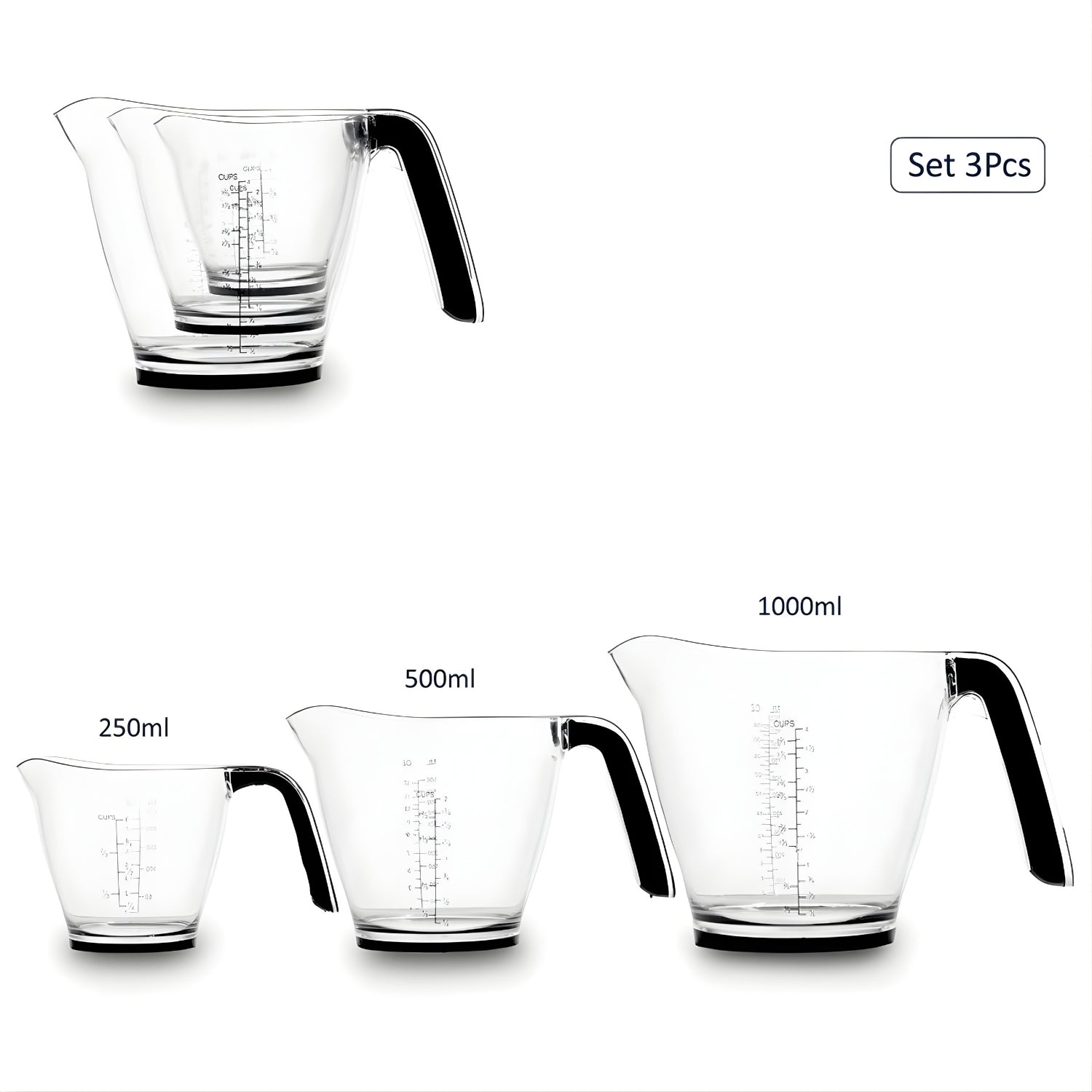 3Pcs 250ml 500ml 1000ml Acrylic Measuring Jugs