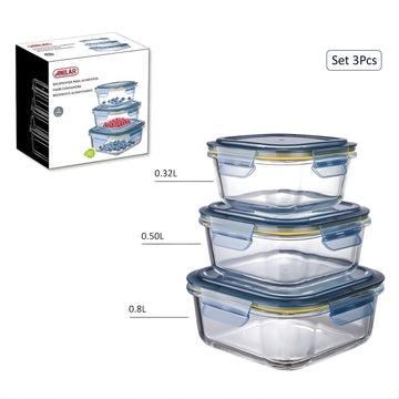 3Pcs Snap Airtight Lid Glass Food Storage Container Set