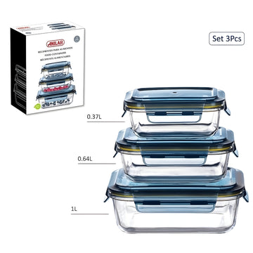 3Pcs Glass with Airtight Snap Lid Food Storage Container Set