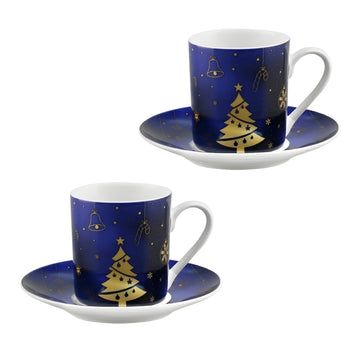 Christmas 2 Mug & 2 Saucer Set New China Blue