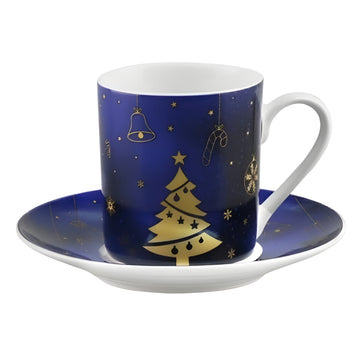 Christmas 2 Mug & 2 Saucer Set New China Blue