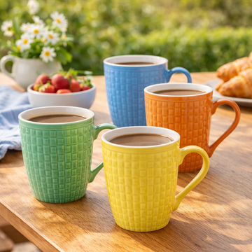 4Pcs Ceramic Embossed Grid Pattern 380ml Coffee Mug Set