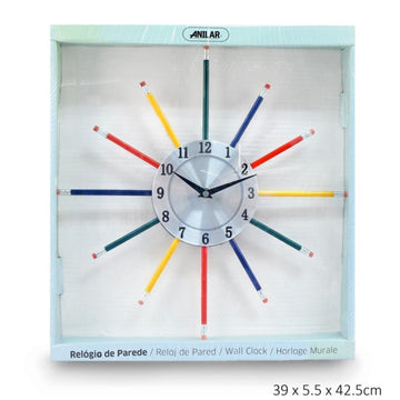 37cm Multi Colour Pencil Design Wall Clock - Wood & Metal Home Office Decor