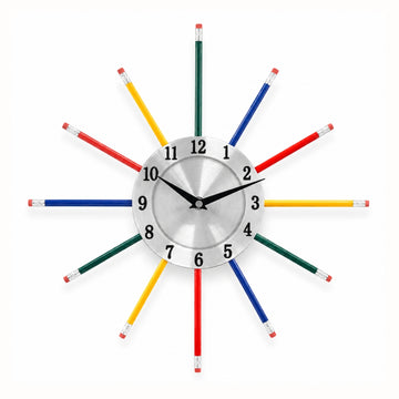 37cm Multi Colour Pencil Design Wall Clock - Wood & Metal Home Office Decor