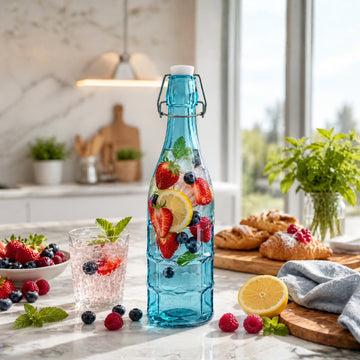 1L Blue Glass Bottle with Flip Top Swing Lid - Reusable Beverage Storage Bottle