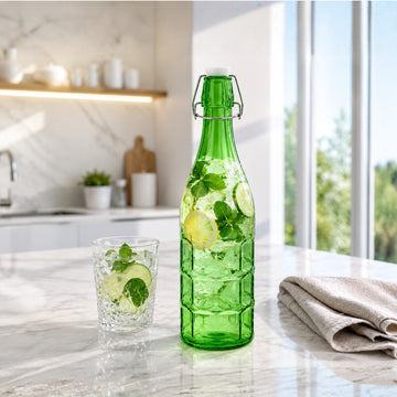 1L Green Glass Bottle with Flip Top Swing Lid - Reusable Beverage Storage Bottle
