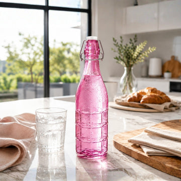 1L Pink Glass Bottle with Flip Top Swing Lid - Reusable Beverage Storage Bottle