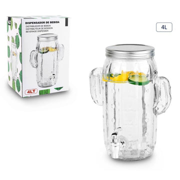4L Glass Clear Drink Server with Tap Cactus Design Beverage Dispenser