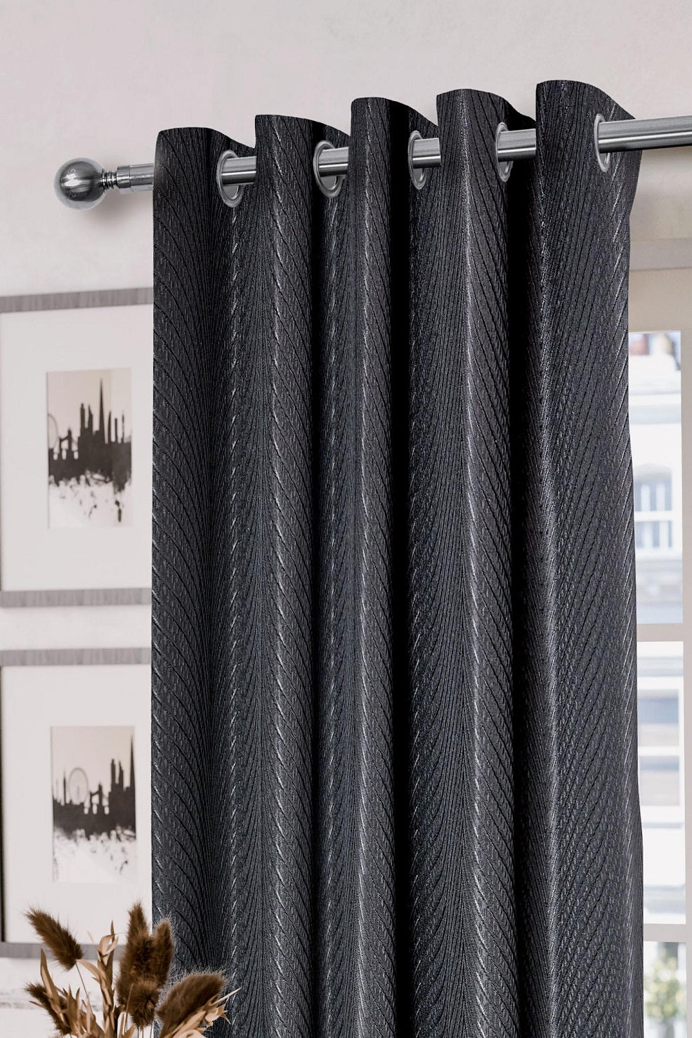 Jacquard Seersucker Fully Lined Eyelet Ring Top Curtains 46" x 54" - Black