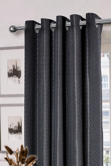 Jacquard Seersucker Fully Lined Eyelet Ring Top Curtains 46" x 54" - Black