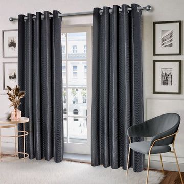 Jacquard Seersucker Fully Lined Eyelet Ring Top Curtains 90" x 90" - Black