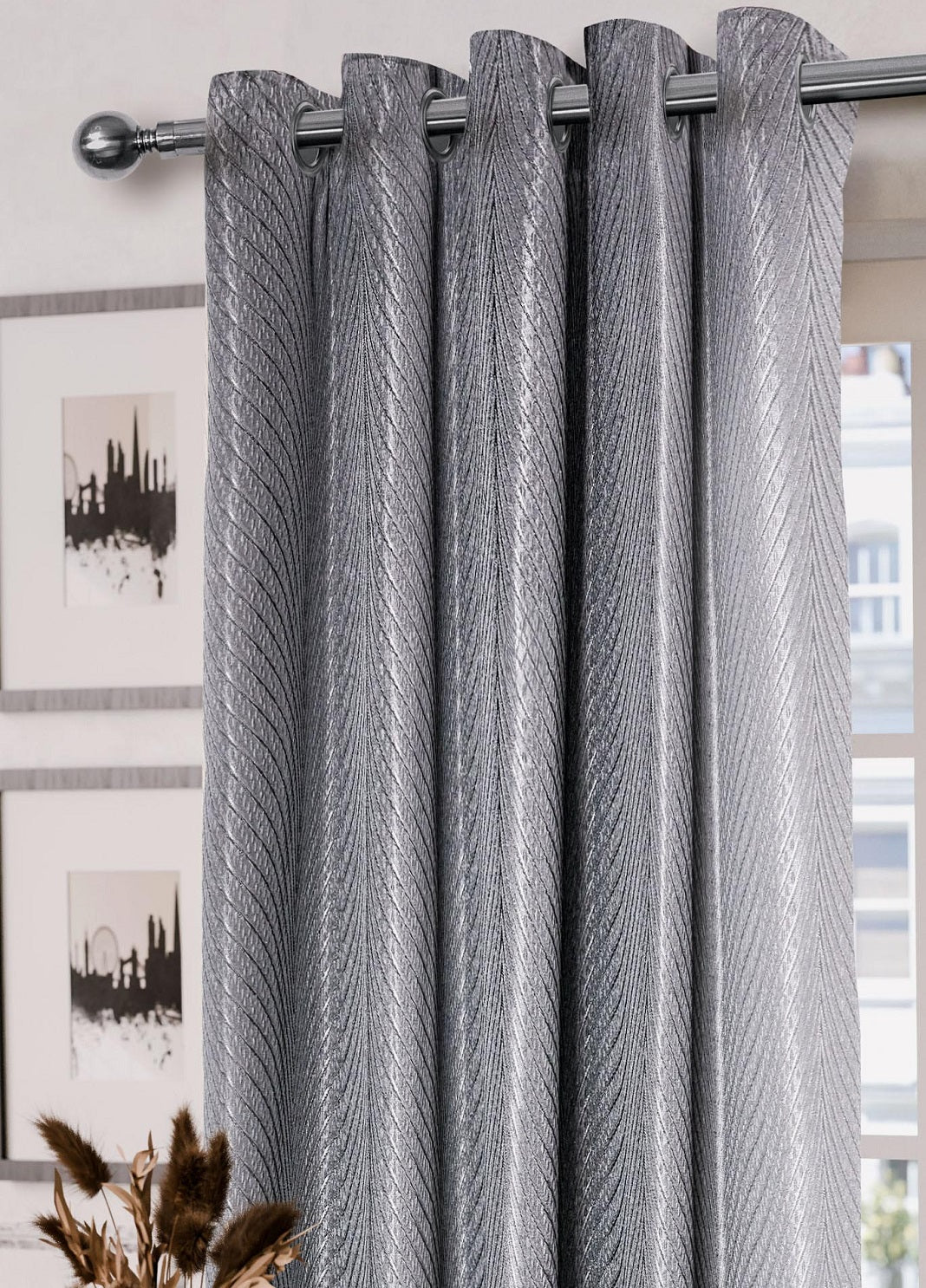 Jacquard Seersucker Fully Lined Eyelet Ring Top Curtains 46" x 54" - Charcoal Grey