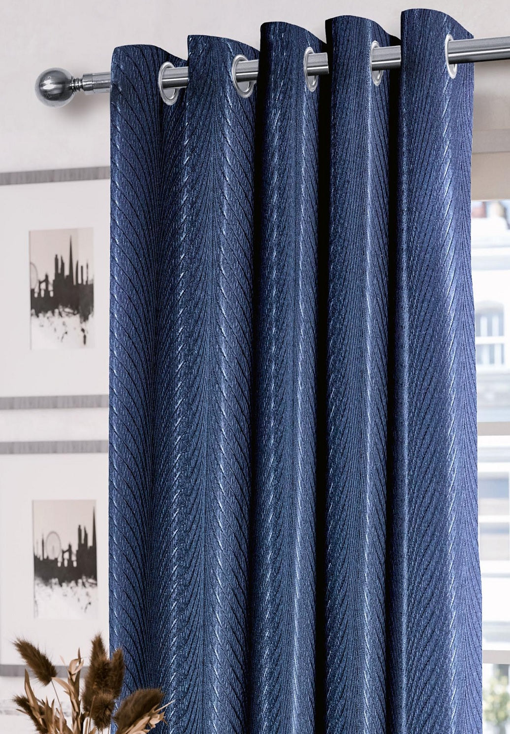 Jacquard Seersucker Fully Lined Eyelet Ring Top Curtains 66" x 90" - Navy Blue