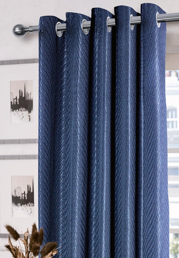 Jacquard Seersucker Fully Lined Eyelet Ring Top Curtains 66" x 90" - Navy Blue